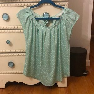 Mint Capped Sleeve Top with White Polka Dots